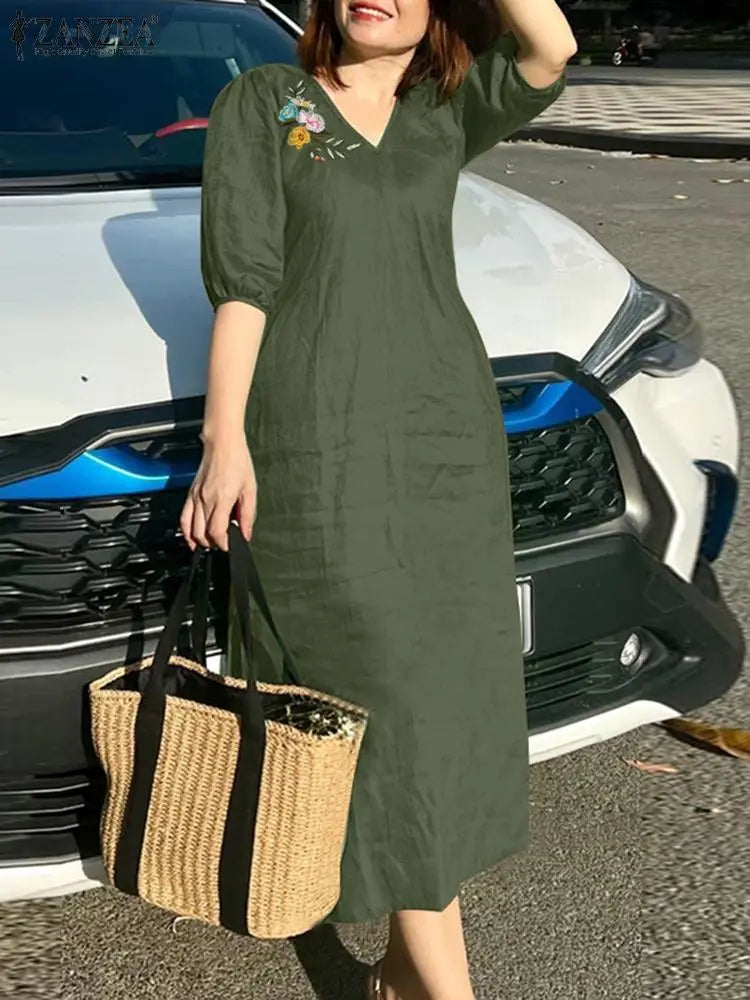 Women's V-Neck Floral Embroidery Midi Dress