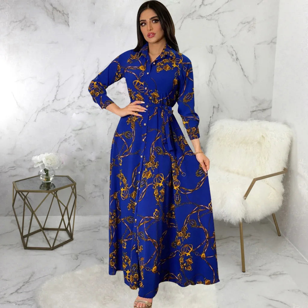 Digital Printed Single Breasted Long Dress Spring Autumn Women New Fashionable Women's Casual Long Sleeved Shirt Collar Dress