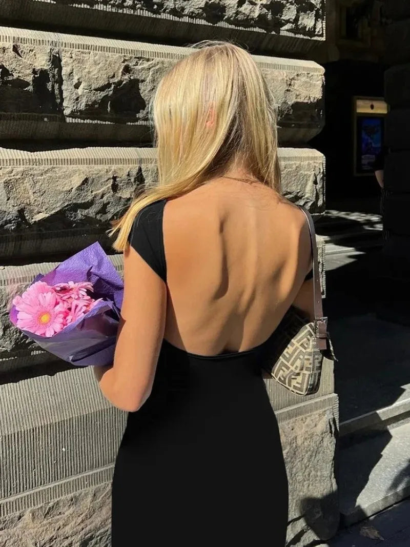 Women's Solid Backless Maxi Dress Elastic Short Sleeve Long Dresses Streetwear Clothing