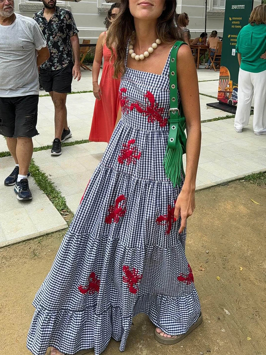 Imcute Women Cute Embroidered Maxi Dress Beach Dress Summer Boho Ruffle Long Dress Spaghetti Strap Flowy Maxi Dress