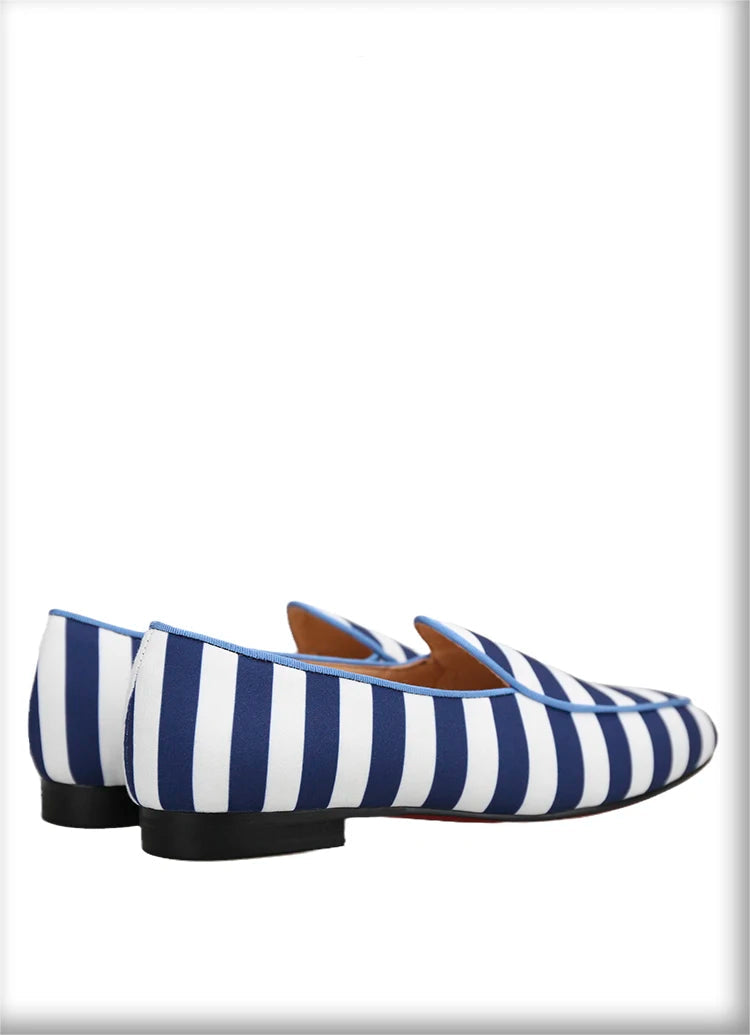 Red Bottom Male Slip-On Loafers With Blue And White Stripes Canvas For Prom And Party New Arrival