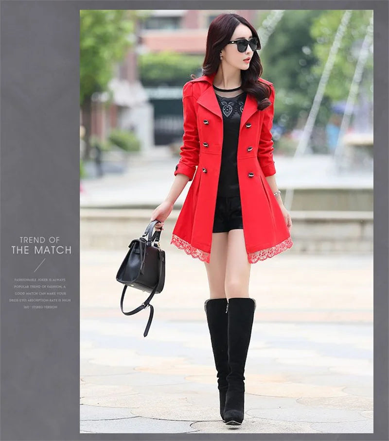 2025Spring Autumn New Windbreaker Coat Women Fashion Slim Mid Long Lace Trench Coat Female Casual Double-breasted Outerwear Tops
