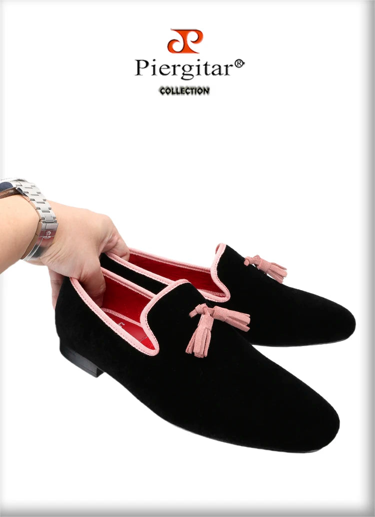 Piergitar 2023 Classic Black Velvet Slip-On Slippers Shoes Handmade Pink Suede Men's Loafers For Party And Wedding Plus Size