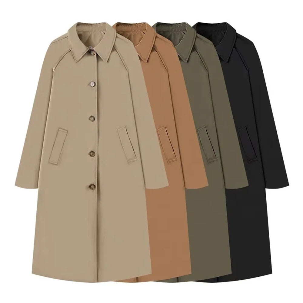 TRAF Women's Fashion Long Trench Coat Retro Loose Single-breasted Coat Autumn and Winter Lapel High Street Temperament Coat