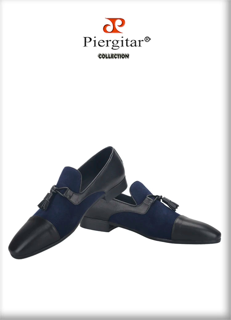 Piergitar 2023SS Navy Suede And Black Calfskin Leather Slippers With Handmade Tassels Italian Design Classic Men's Loafers