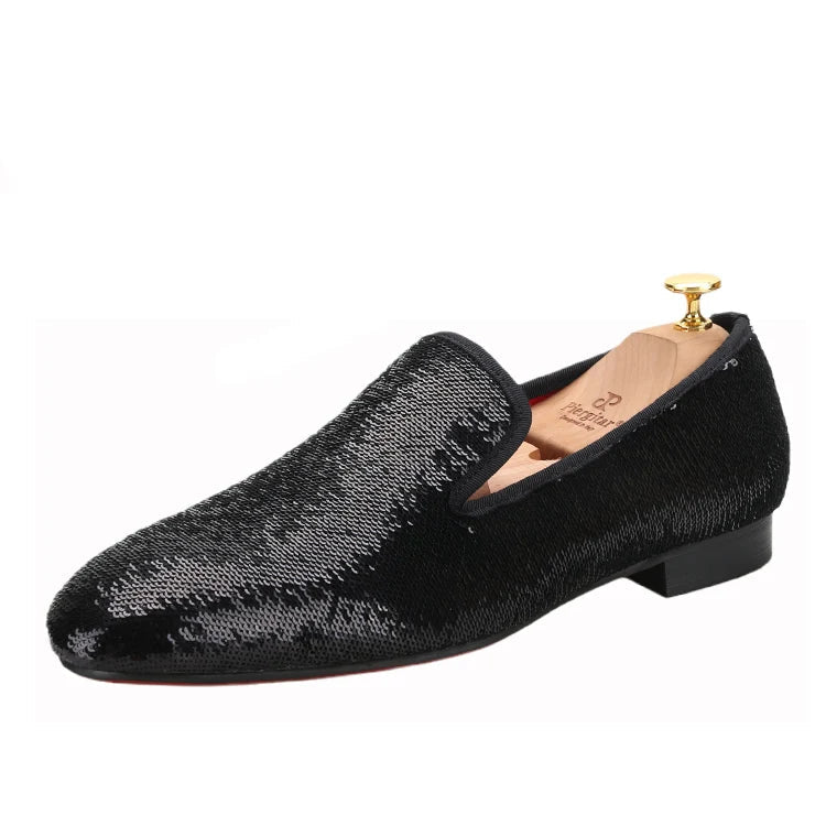 Men's Smoking Slippers With Red Outsole And Sequins for Weddings and Proms