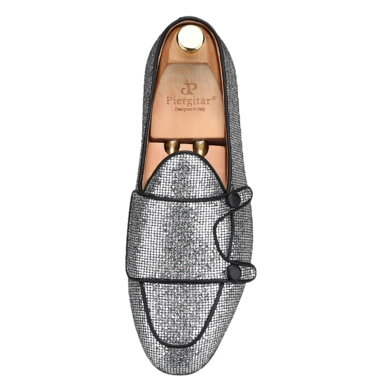 The New Style Square Glittering Silver Belgian Loafers with Double-Monk Moccs Handmade in GuangZhou