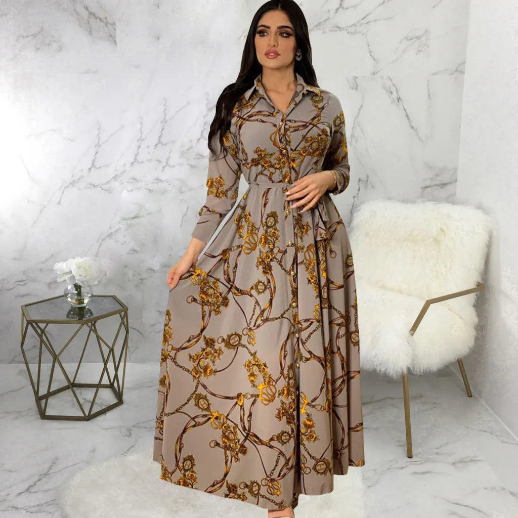 Digital Printed Single Breasted Long Dress Spring Autumn Women New Fashionable Women's Casual Long Sleeved Shirt Collar Dress