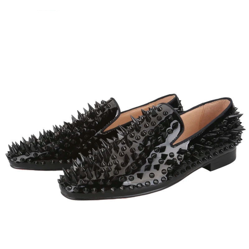 Black Patent Leather Loafers with Handmade Different Shapes of Spikes for Fashion Party CL Brand Red Sole Shoes
