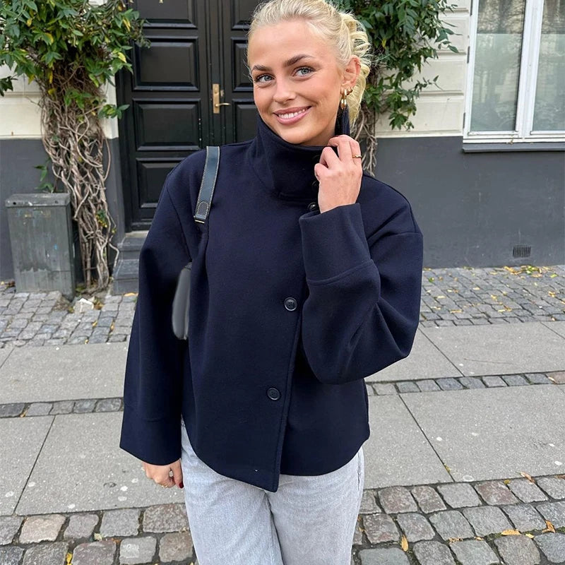 Stand Collar Women Winter Woolen Coats 2025 Spring Single Breasted Loose Female Long Sleeve Jacket Office Lady Street Short Coat