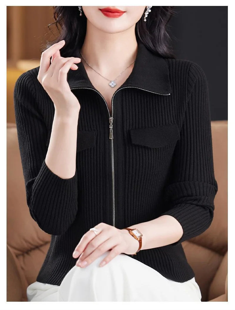 Spring Autumn Women Knitted Sweater Cardigan Short Jacket 2025 New Korean Fashion Zipper Solid Turn-Down Knit Coat Female Tops