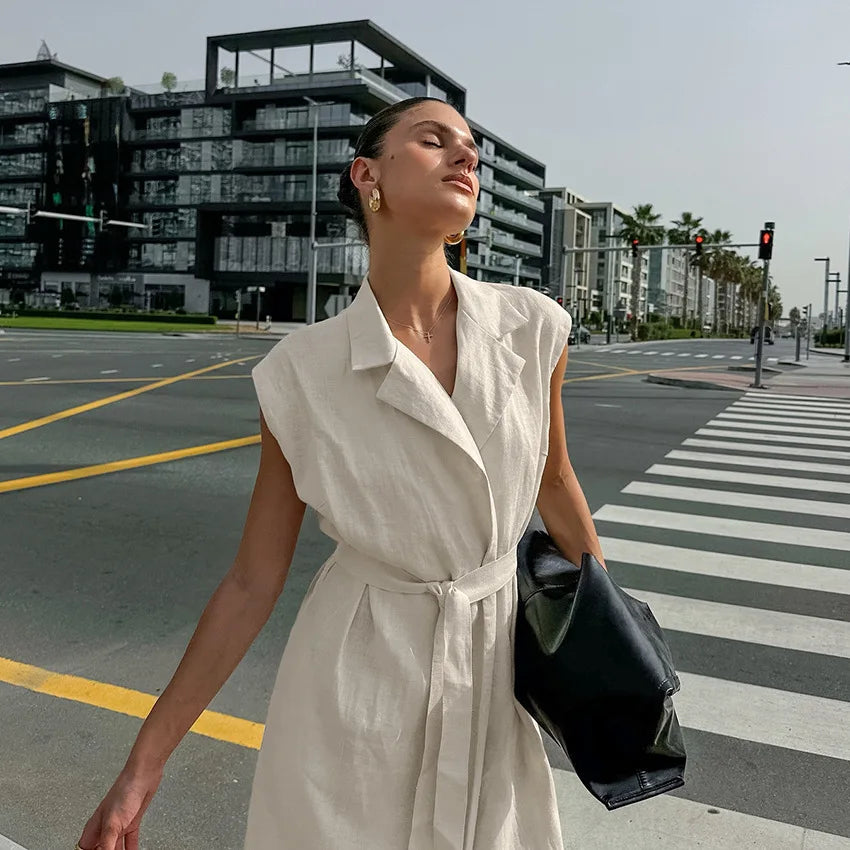 2025 Autumn New Style Commuter Long Skirt For Women Elegant Fashionable Solid Color Lapel Sleeveless High Waist Lace-up Dress