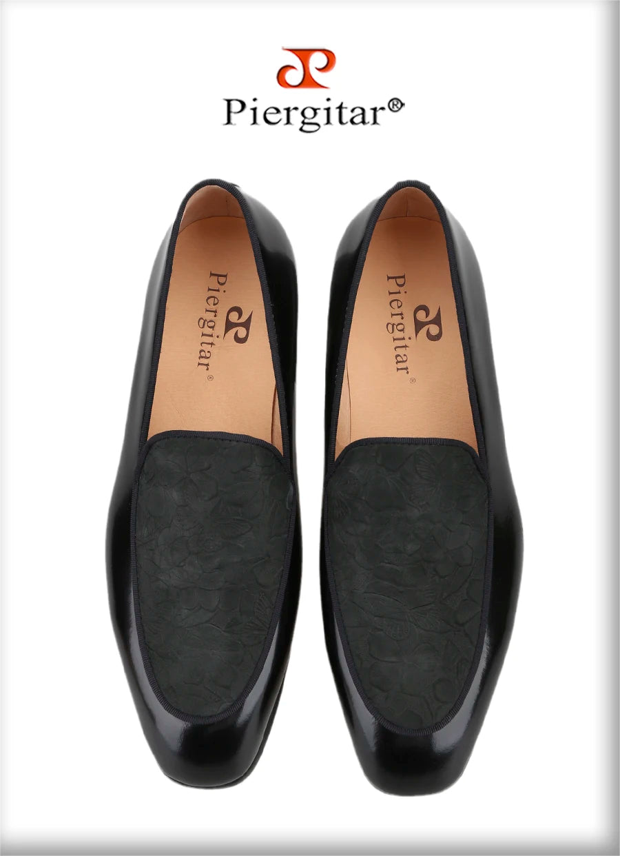 Piergitar Flower Pattern Embossed Leather Patchwork With Black Calfskin Men's Loafers Handmade Slip-On Slippers Red Bottom Flats