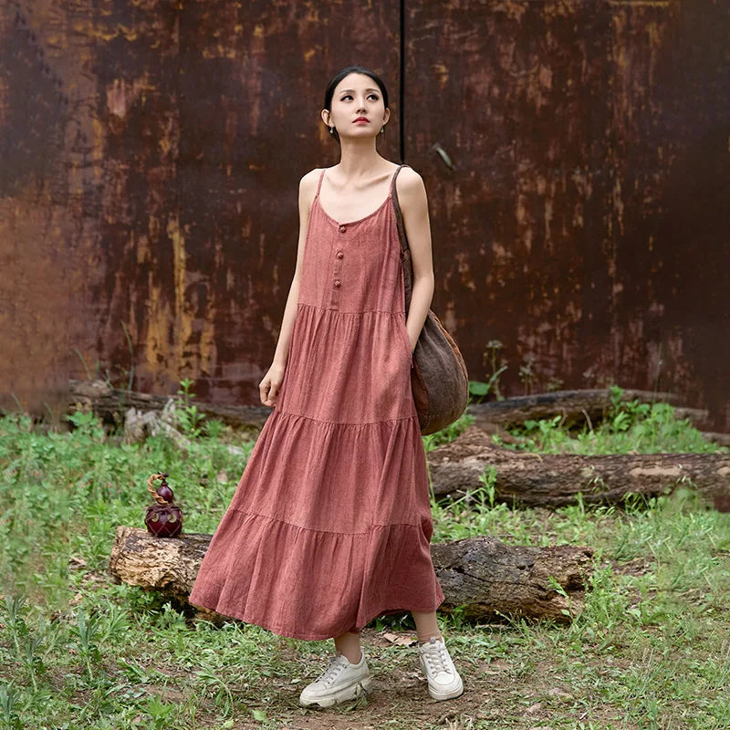 Cotton Linen Long Spaghetti Strap Dress
