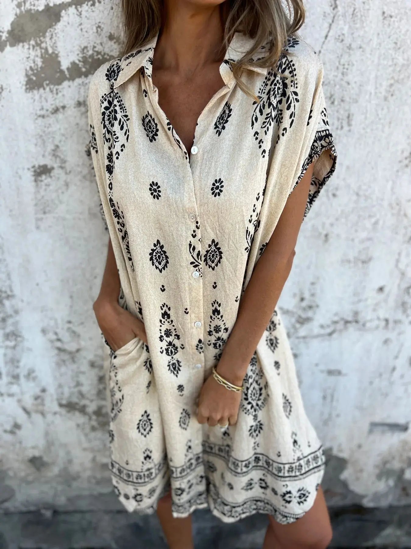 2025 New Women's Shirt Dress Loose Button Cardigan Fashion Printed Short Sleeve Pocket Cotton Linen Blend Vacation Beach Skirt