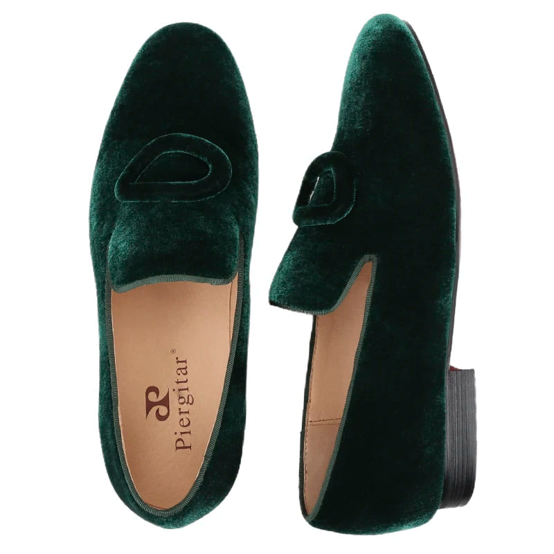 Piergitar New Arrival Two Colors Velvet Men's Smoking Slippers With Matching Velvet Buckles Handmade Slip-On Loafers Red Bottom