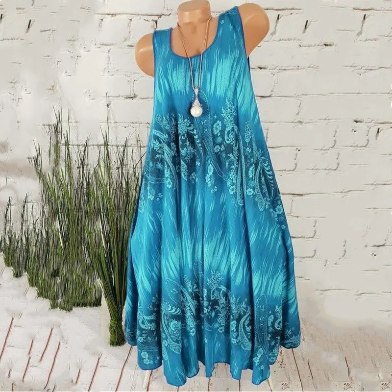 Elegant Floral Printed Lace Stitching O-Neck Sleeveless Women Summer Loose Tank Dress 2024