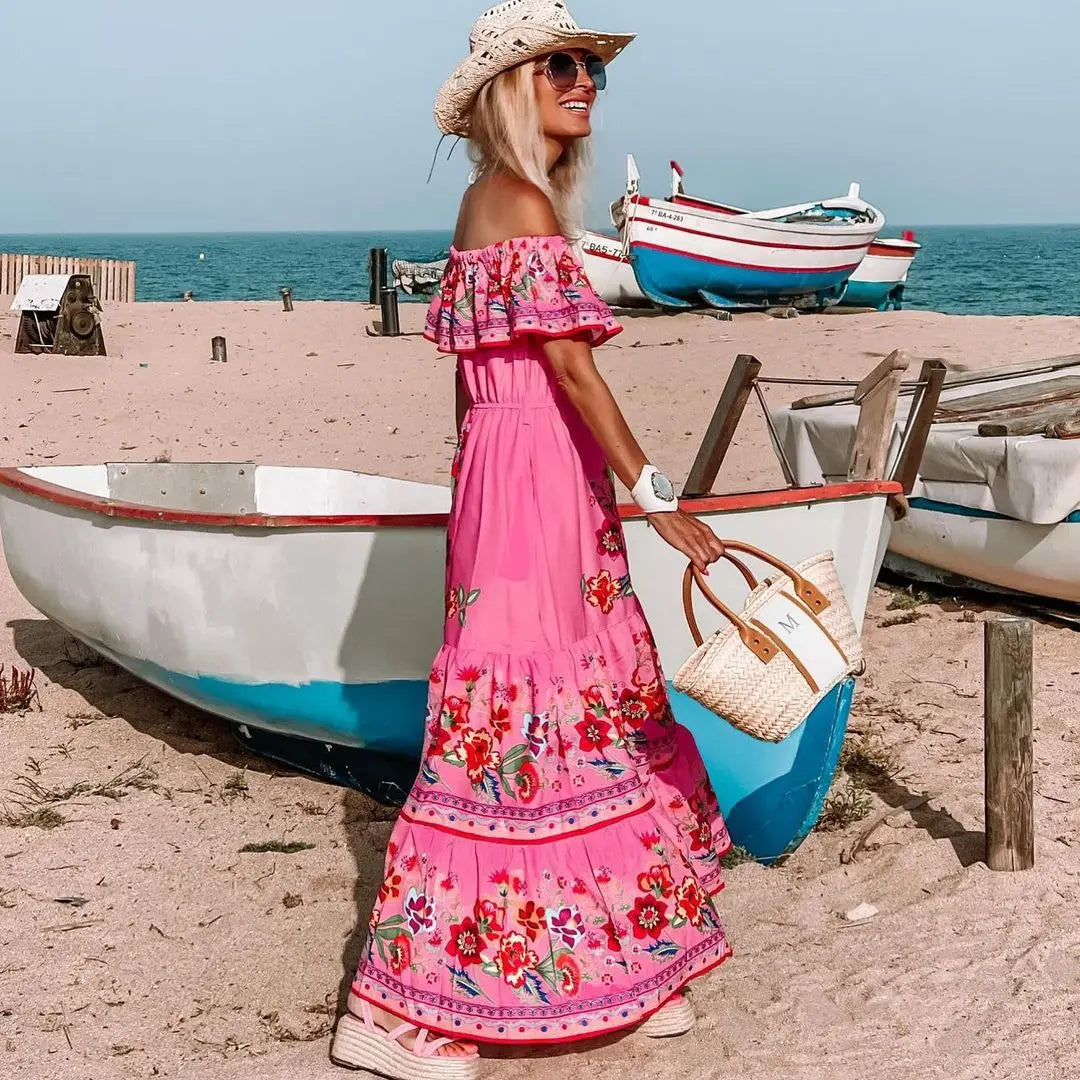 2024 Spring/Summer New Women Retro Fashion One Shoulder Red Flower Printed Waist Collection Long Style Large Swing Casual Dress