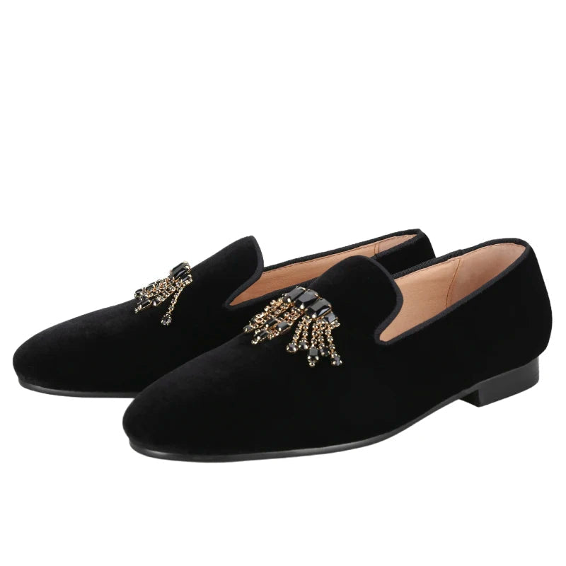 Black Color Men's Velvet Shoes for Weddings and Parties with Handmade Rhinestones Buckle