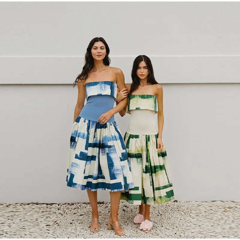 Women's Strapless Open Back Patchwork Long Dress