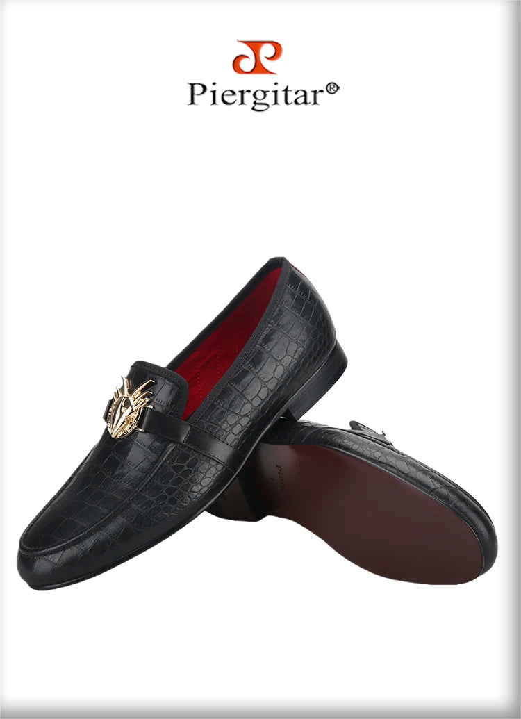 Piergitar Black Cow Leather Men Smoking Slippers Fashion Metal Buckle Handmade Slip-On Loafers For Wedding And Party Plus Size