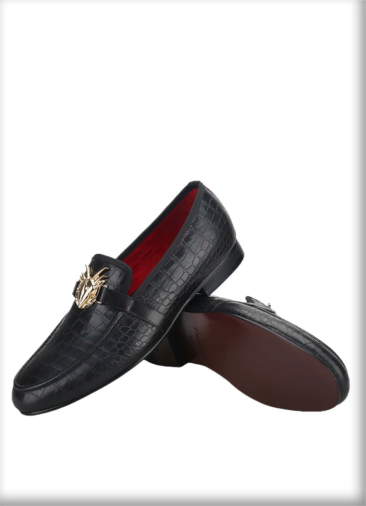 Black Cow Leather Men Smoking Loafers Fashion Metal Buckle Handmade Slide-On Loafers Wedding And Party Plus size