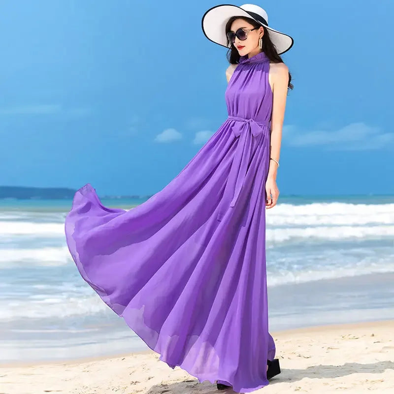 Sleeveless Chiffon Maxi Satin Long Silk Dress