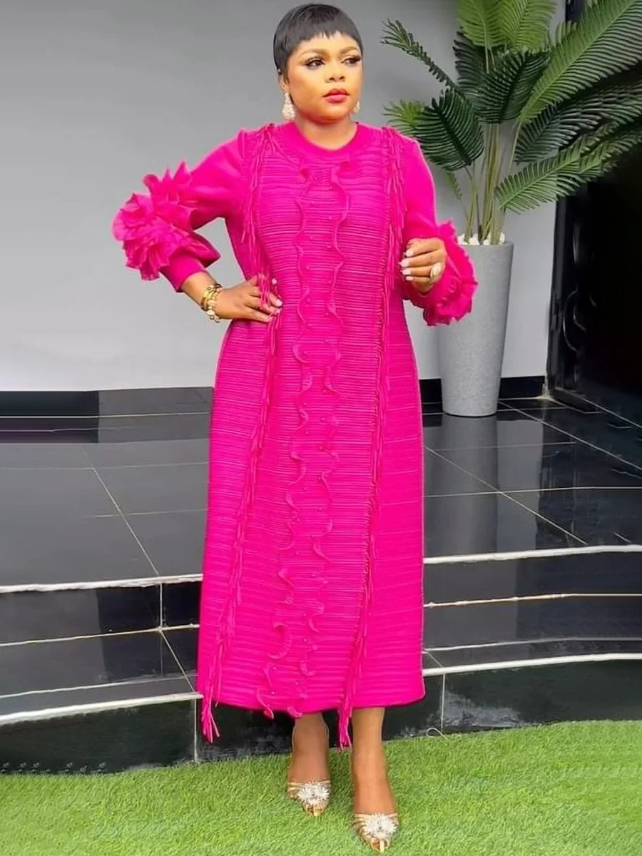 Round Collar Full-Sleeve Ruffles Loose Dress