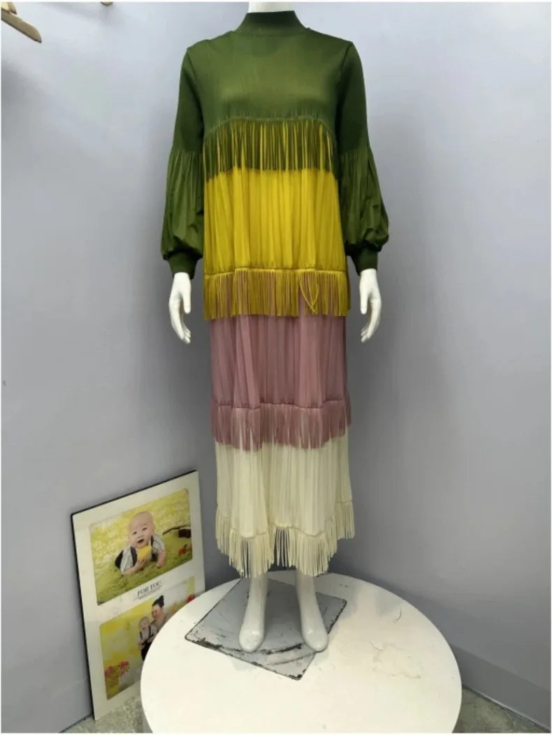 Women's Pleated Puff Sleeve Tassel Dress