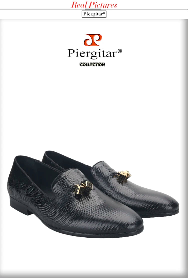 Piergitar Black Lizard Embossed Leather Men Loafers With Gold Titanium Steel Dice Buckle Tassels GZ Same Design Slip-On Moccasin