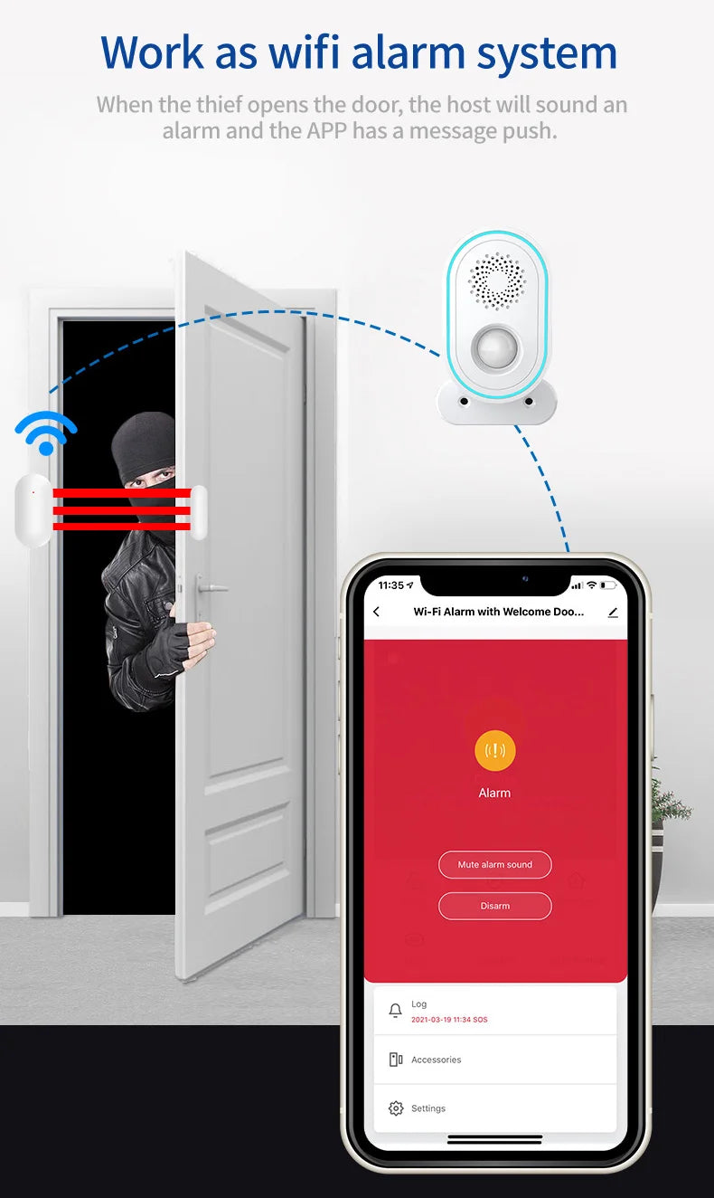 Tuya Wifi Home Security Alarm System Or 433MHz Wireless Receiver Smart Welcome Ding Dong Chime Ringtone PIR Motion Detect Device