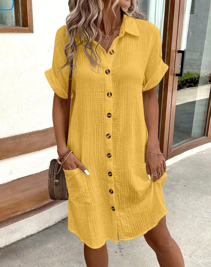Summer Simple V-neck Button Up Dress Woman Cotton Linen White Short Sleeved Pocket Casual Solid Loose Shirt Mini Dress 2025