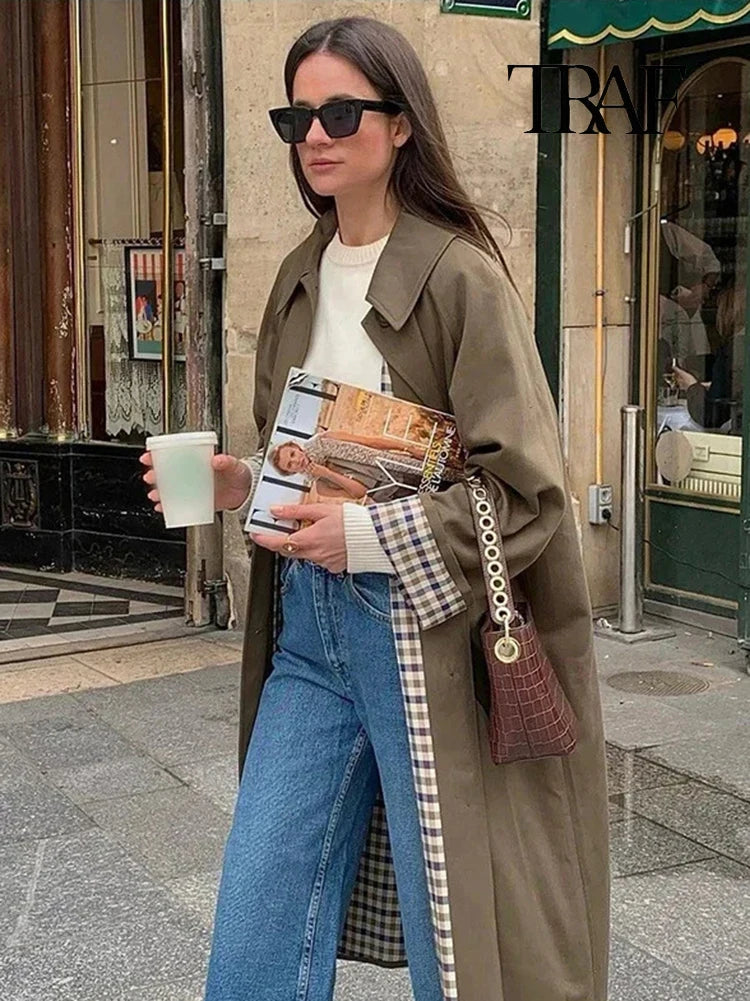 TRAF Women's Fashion Long Trench Coat Retro Loose Single-breasted Coat Autumn and Winter Lapel High Street Temperament Coat