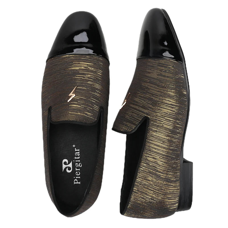 Piergitar 2023 New Three Colors Striped Silk Men's Loafers With Front Patent Leather Handmade Moccasins For Party And Banquet