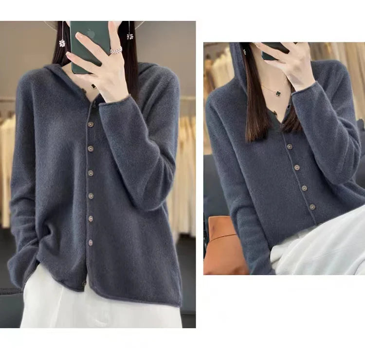 First Line 100% Merino Wool Knitted Cardigan Women's Autumn And Winter Hoodie Loose Sweater Fashionable Versatile Coat Top YC014