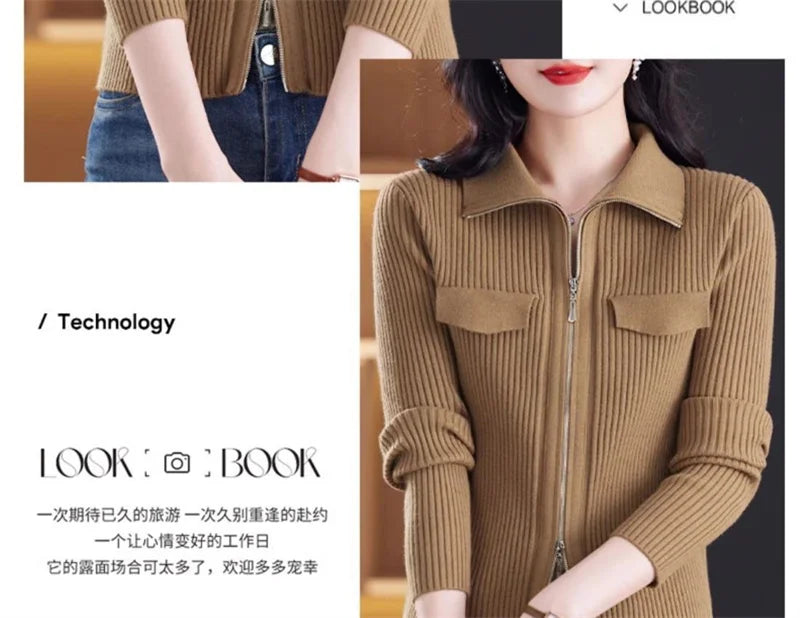 Spring Autumn Women Knitted Sweater Cardigan Short Jacket 2025 New Korean Fashion Zipper Solid Turn-Down Knit Coat Female Tops
