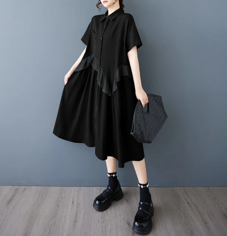 Mesh Ruffles Joined New 2025 Summer Woman Short-Sleeve Green Shirt Dress Loose Fit Tide Big Size Girls Casual Large Robe JKXD026