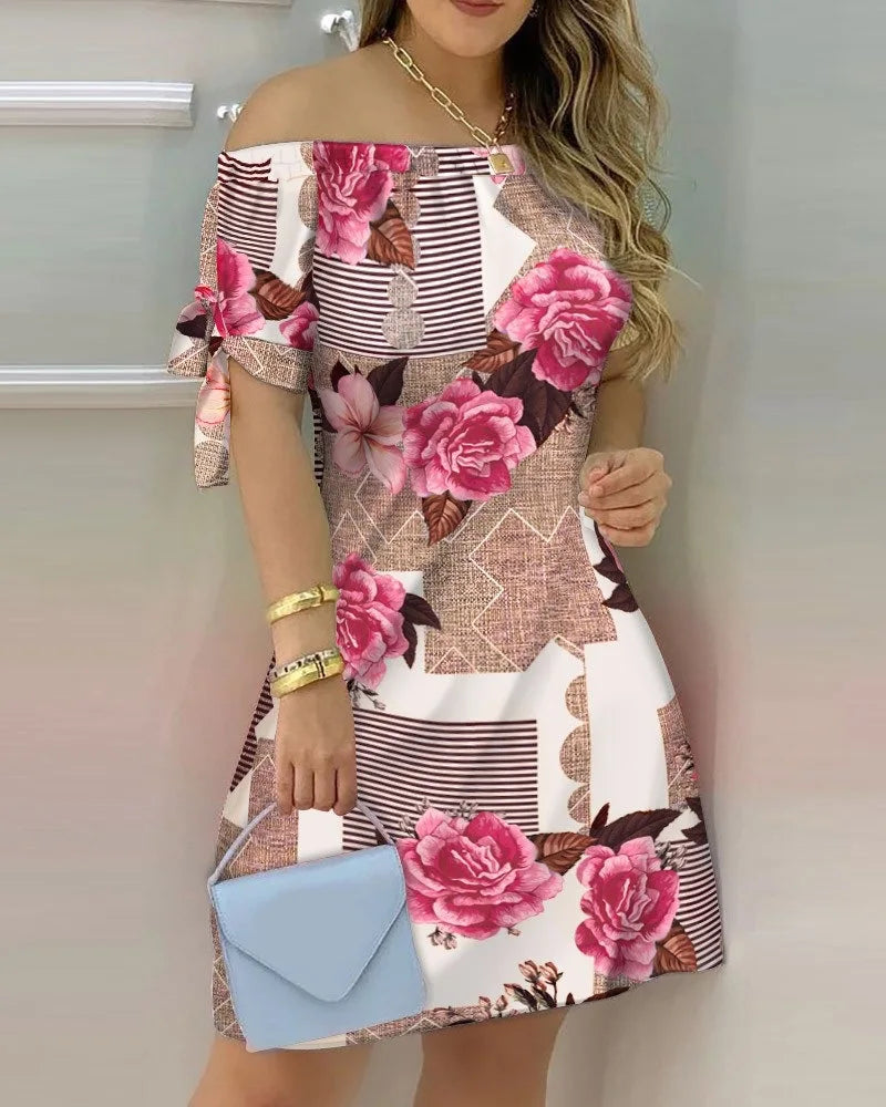 3XL Women's Casual Gradient Off Shoulder Short Sleeve Dress Bow Print Mini Dress