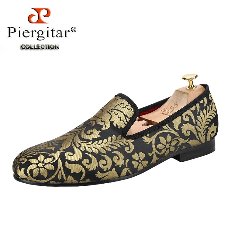Piergitar 2023 New Upgrade Style Baroque Gold Jacquard Silk Men Loafers For Party Pair With Gold Suit Plus Size Moccasins