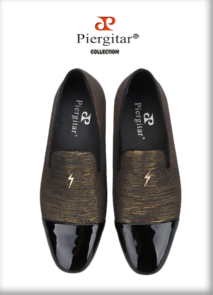 Piergitar 2023 New Three Colors Striped Silk Men's Loafers With Front Patent Leather Handmade Moccasins For Party And Banquet