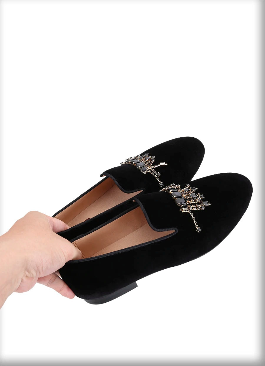 Black Color Men's Velvet Shoes for Weddings and Parties with Handmade Rhinestones Buckle