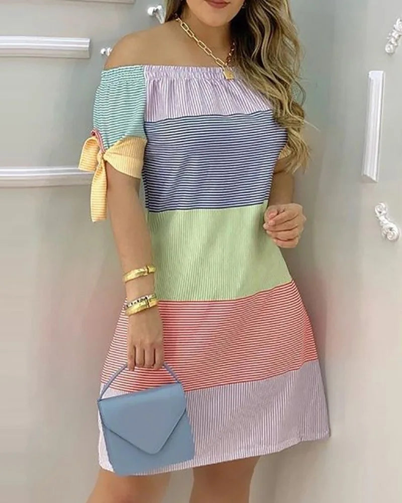 3XL Women's Casual Gradient Off Shoulder Short Sleeve Dress Bow Print Mini Dress
