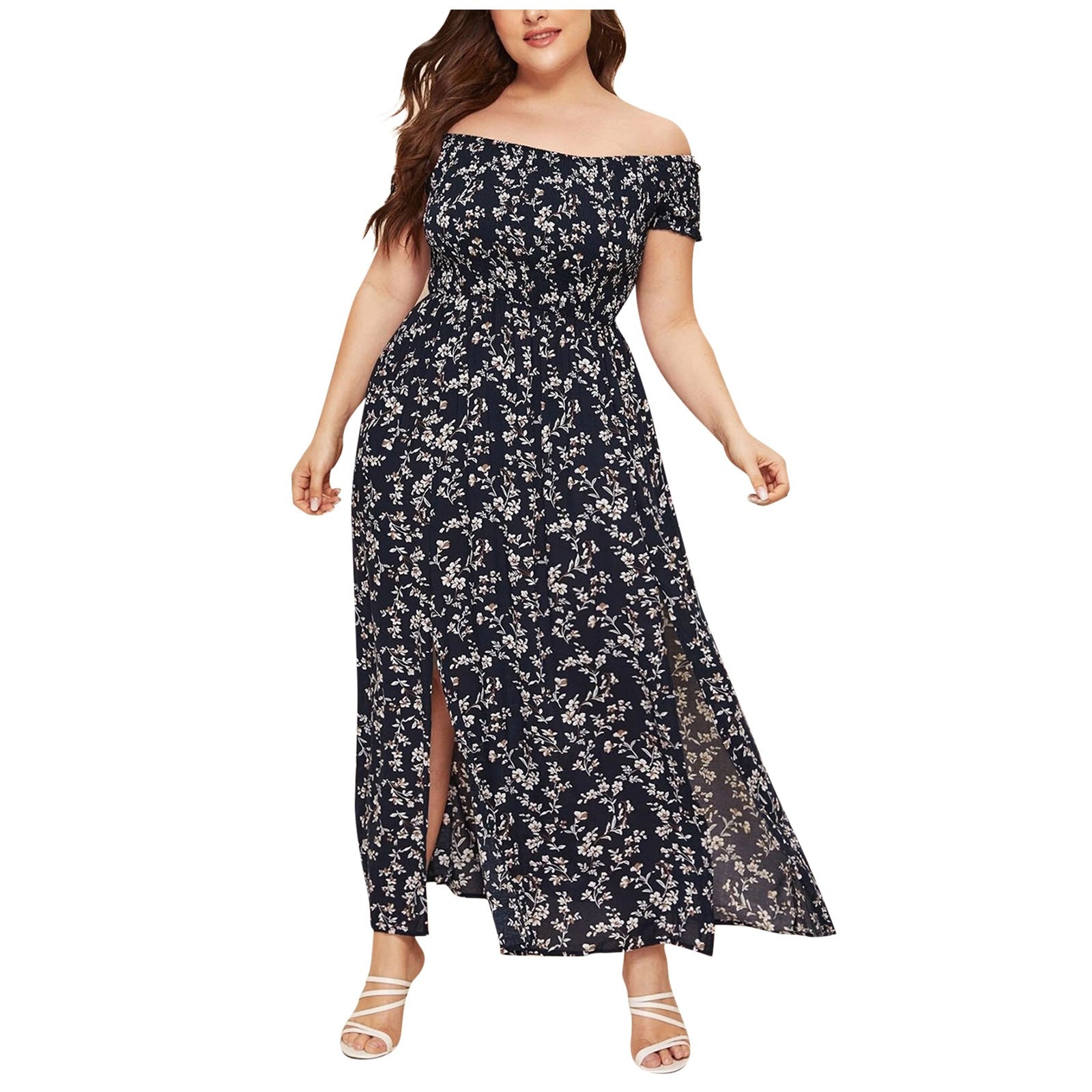 Plus Size Summer Dresses with Slash Necks, Shirred Bodice and Split Thigh Floral Dresses