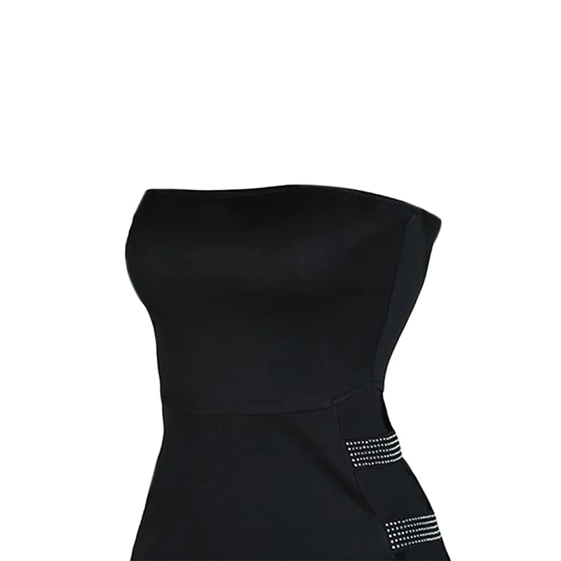 Women’s Sexy Tube Tops Pencil Dress Fashion Solid Color Rhinestone Hollow Skinny Short Dress Streetwear