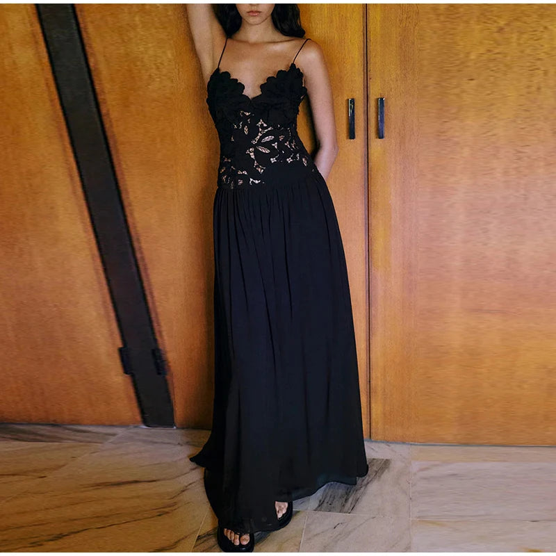 Women's Sleeveless High Waist Pleated Hollow Lace Dress