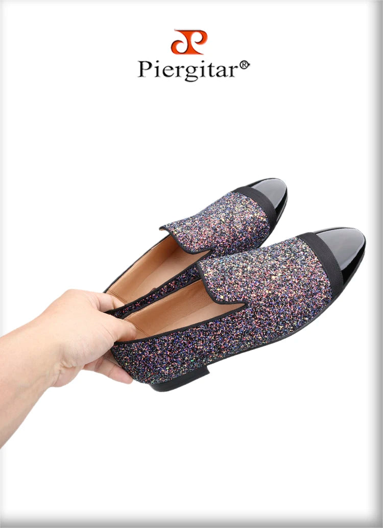 Piergitar Flash Purple Sequined Canvas Slippers With Patent Leather Toes Handmade Men Moccasins For Party And Wedding Plus Size