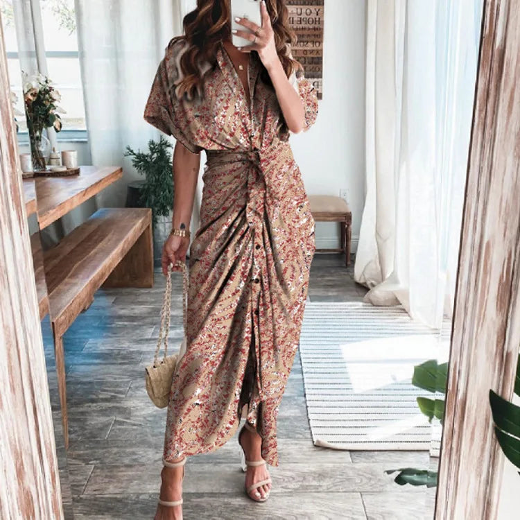 Women's Boho Print Turn-down Collar Dress