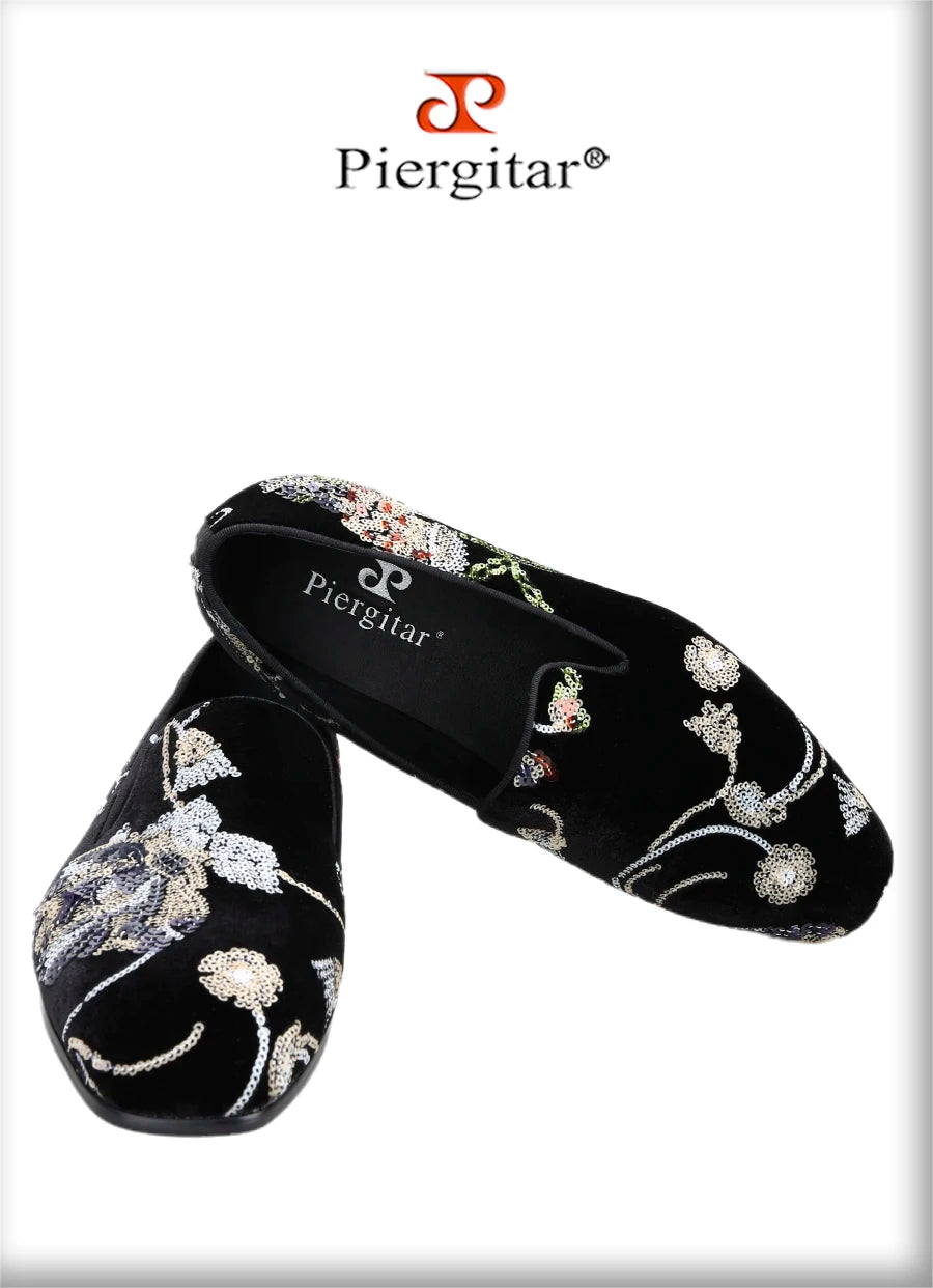 Piergitar Black And Grass Green Velvet With Handmade Classical Chinese Style Sequin Embroidery Men's Loafers Red Sole Moccasins