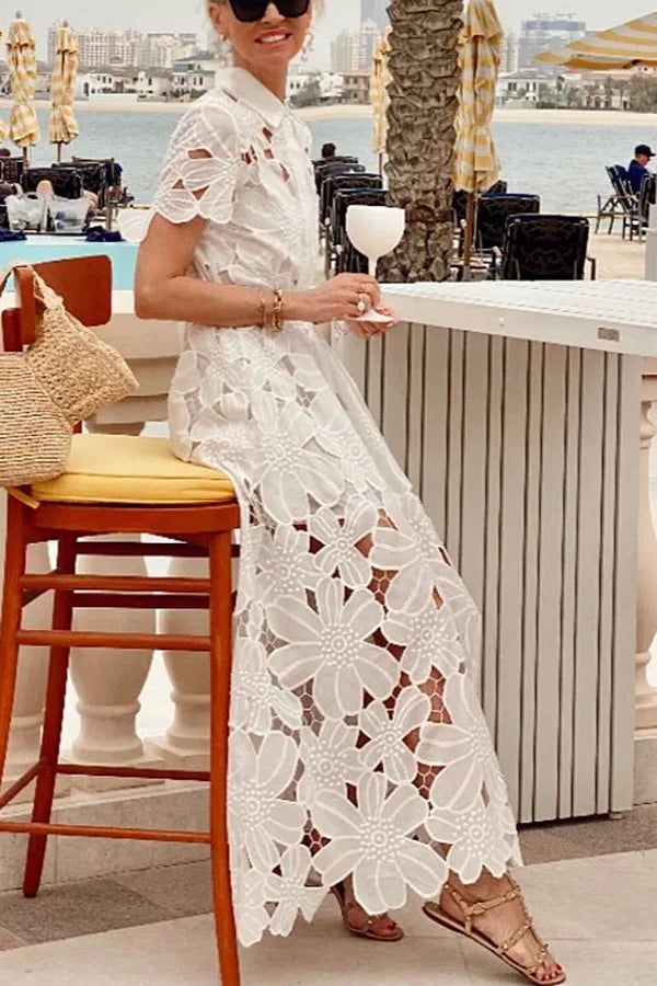 Women's Hollow Lapel Tie Up Lace Dress