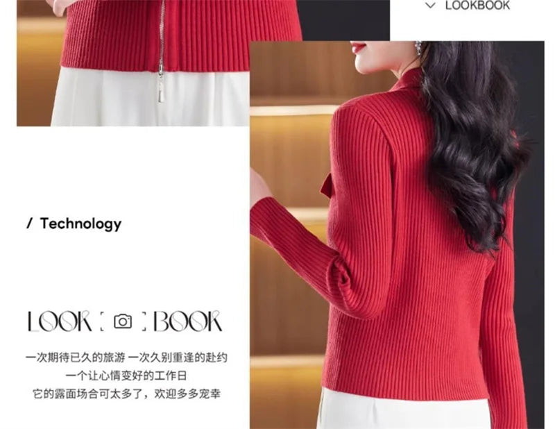 Spring Autumn Women Knitted Sweater Cardigan Short Jacket 2025 New Korean Fashion Zipper Solid Turn-Down Knit Coat Female Tops